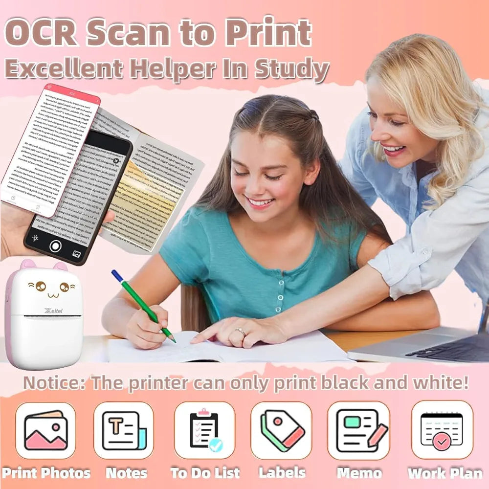 Bluetooth Mini Printer for Students | Inkless Wireless Thermal Printer (Black & White) | Portable Ink Free Printer for Android & iOS | 1200mAh Rechargeable Battery